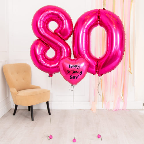 80th Birthday Balloons - Personalised Inflated Balloon Bouquet Pink