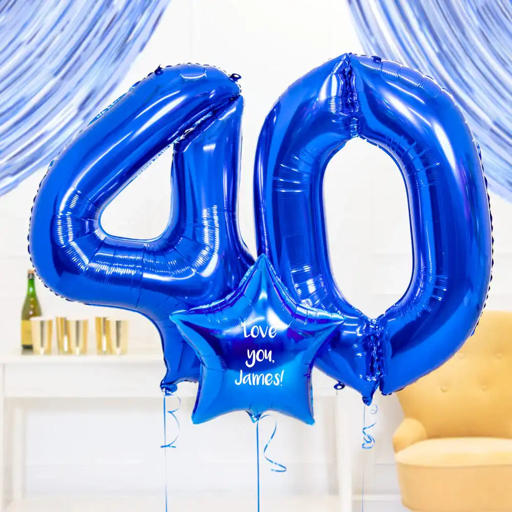 40th Birthday Balloons - Personalised Inflated Balloon Bouquet Blue Personalised Balloons