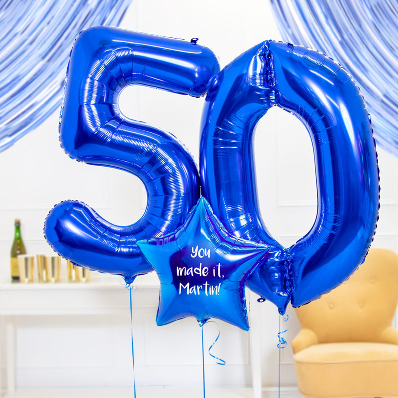 50th Birthday Balloons - Personalised Inflated Balloon Bouquet Blue