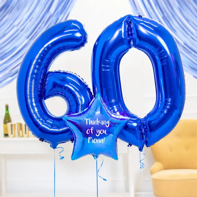 60th Birthday Balloons - Personalised Inflated Balloon Bouquet Blue Personalised Balloons