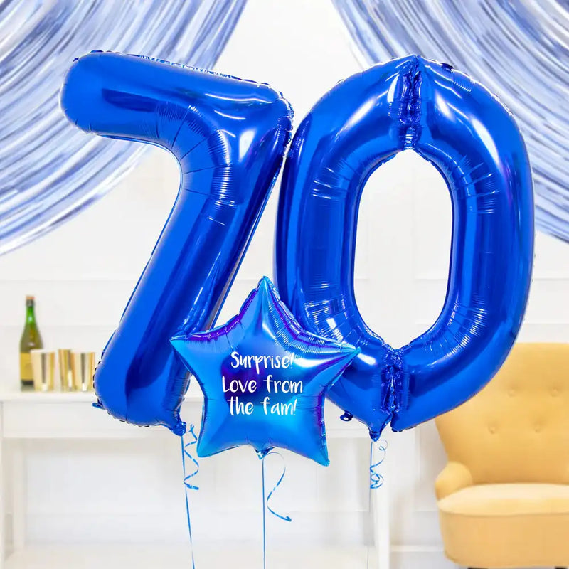 70th Birthday Balloons - Personalised Inflated Balloon Bouquet Blue Personalised Balloons
