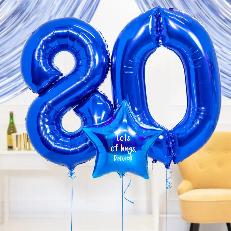 80th Birthday Balloons - Personalised Inflated Balloon Bouquet Blue Personalised Balloons