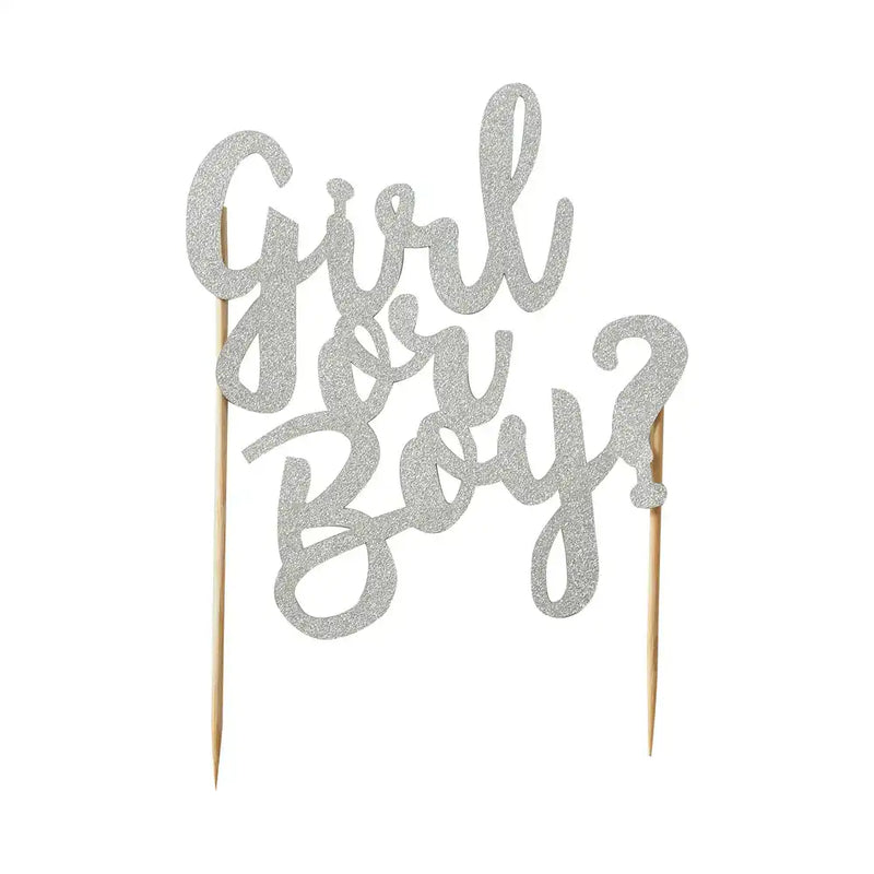 Girl Or Boy Silver Glitter Cake Topper Baby Shower