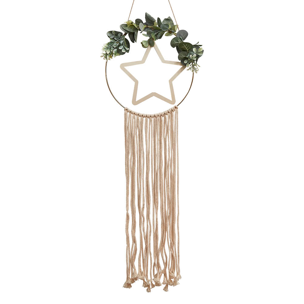 Wooden Hoop & Star Wreath with Macrame Hanging Detail Christmas 2024