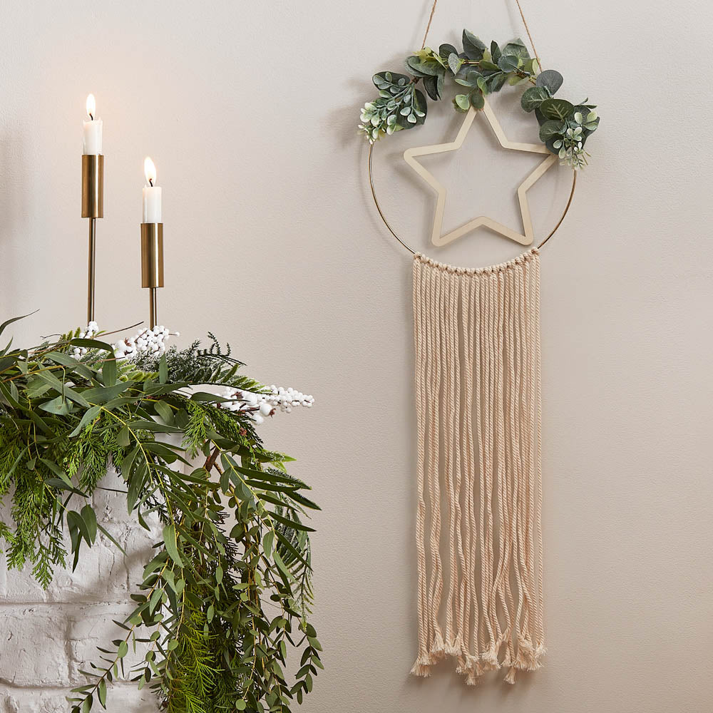 Wooden Hoop & Star Wreath with Macrame Hanging Detail Christmas 2024