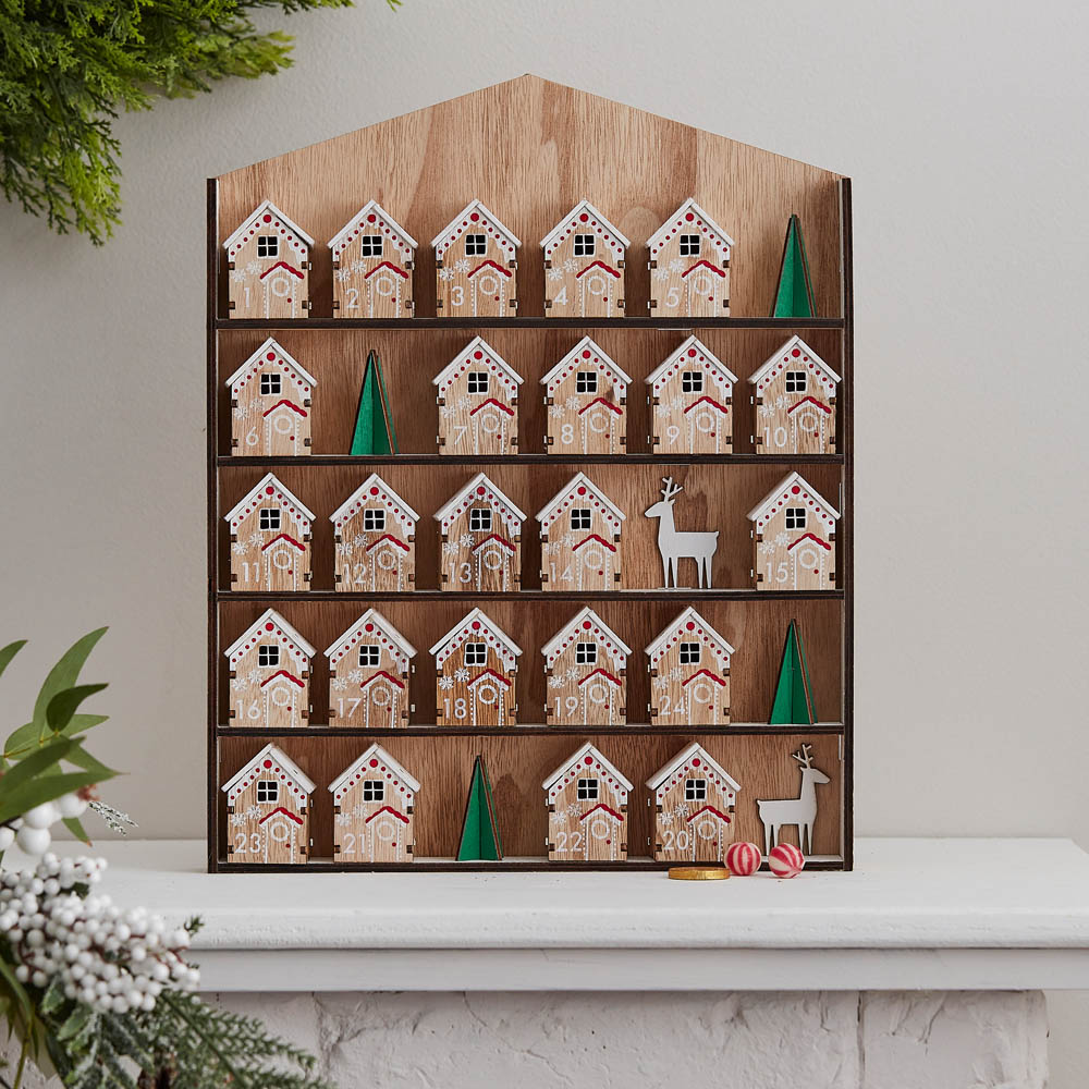 Wooden Advent Calendar with Mini Houses Christmas 2023