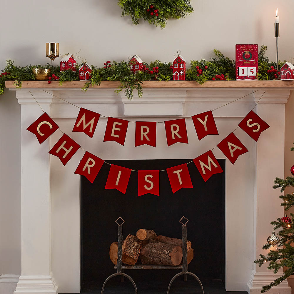 Red Felt Merry Christmas Flag Bunting | Decorations | Party Pieces