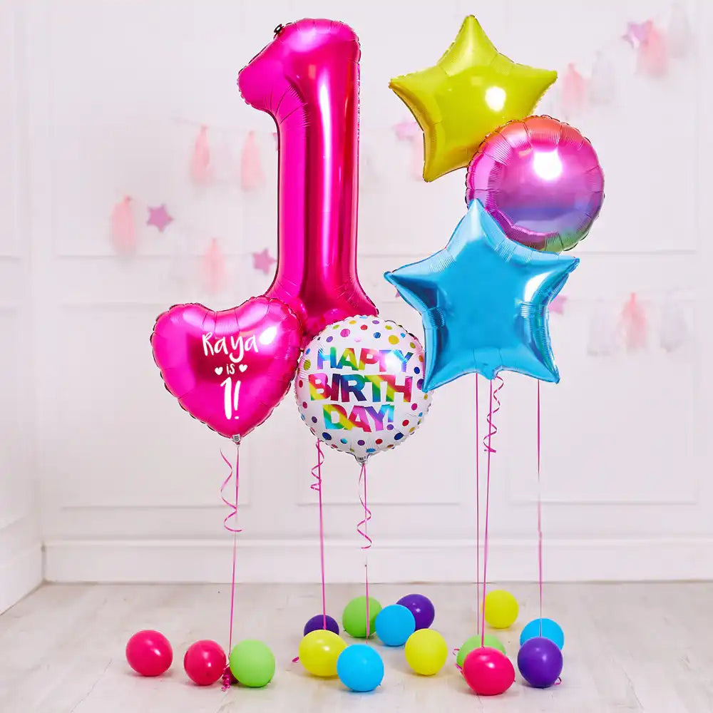 1st Birthday Pink Balloons Deluxe Personalised Balloon Bunch