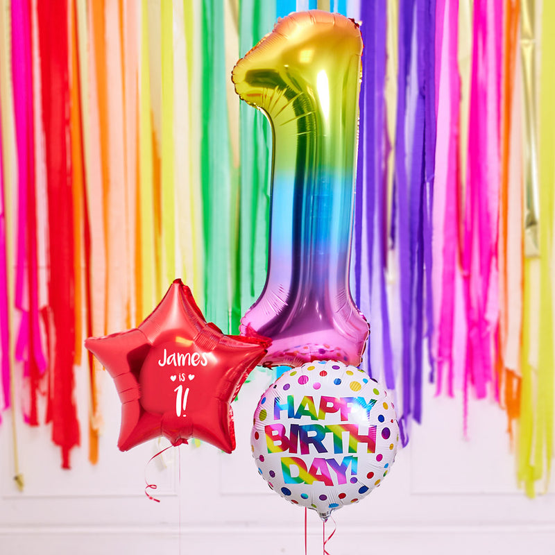Personalised 1st Birthday Inflated Balloon Bunch – Rainbow