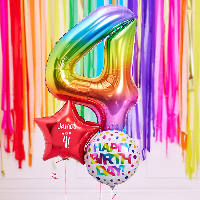 Personalised 4th Birthday Inflated Balloon Bunch – Rainbow