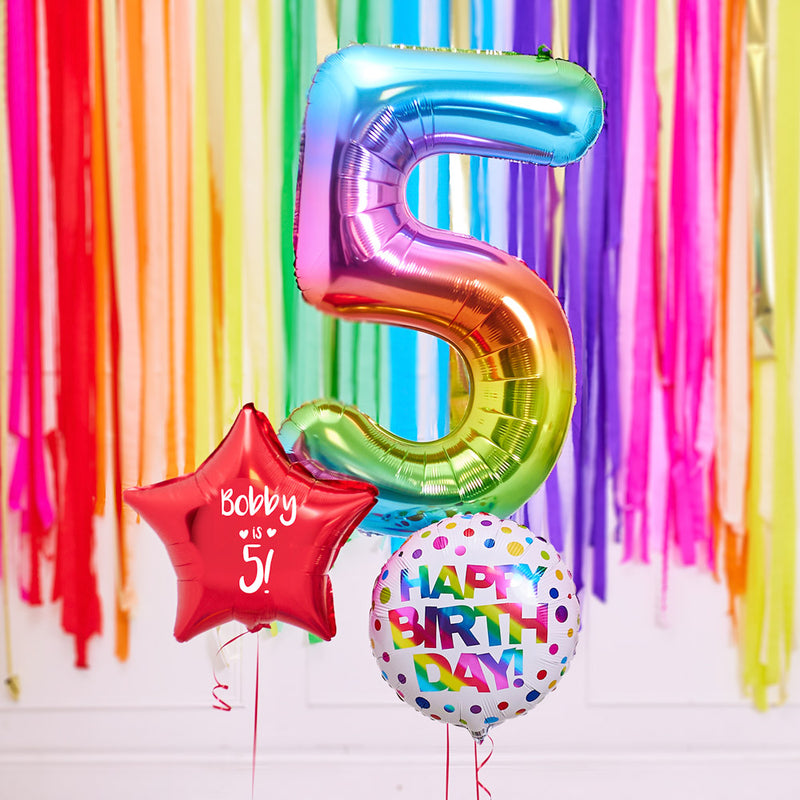 Personalised 5th Birthday Inflated Balloon Bunch – Rainbow