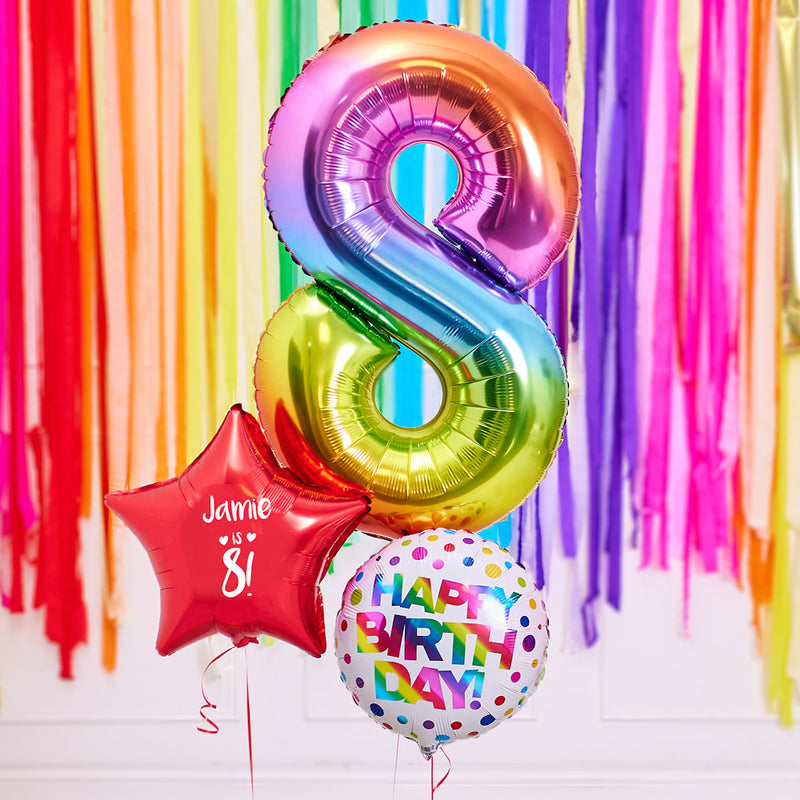 Personalised 8th Birthday Inflated Balloon Bunch – Rainbow