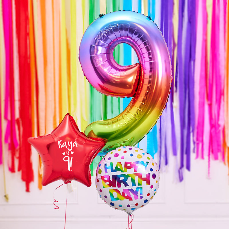 Personalised 9th Birthday Inflated Balloon Bunch – Rainbow