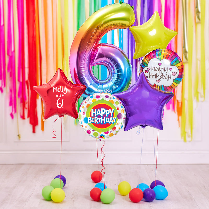 Deluxe Personalised Balloon Bunch - 6th Birthday Rainbow