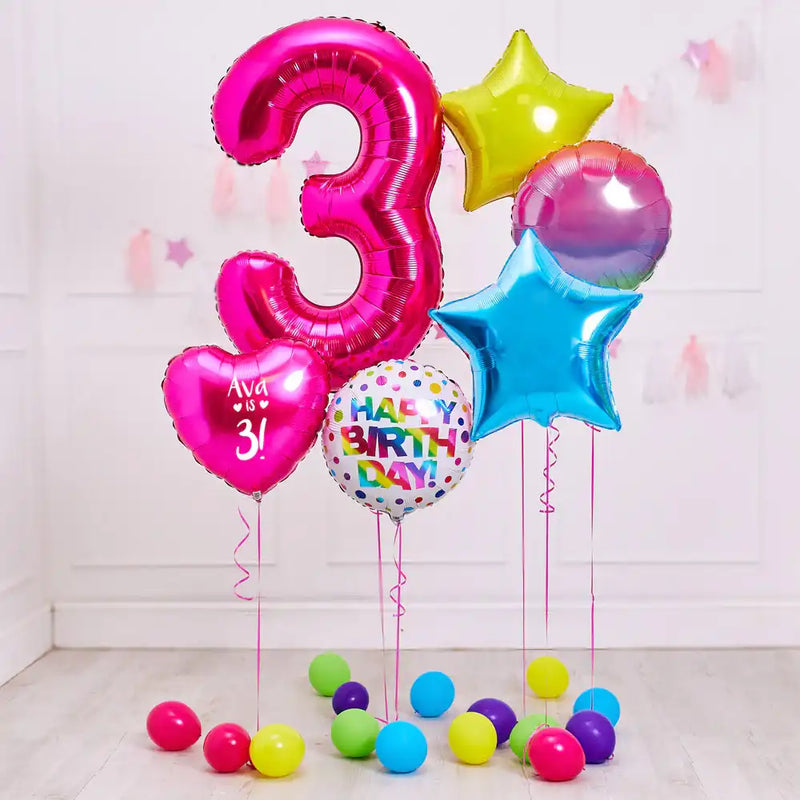 Deluxe Personalised Balloon Bunch - 3rd Birthday Pink Personalised Balloons