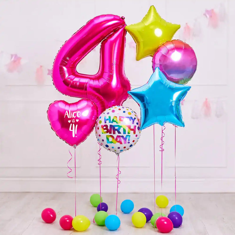 Deluxe Personalised Balloon Bunch - 4th Birthday Pink Personalised Balloons