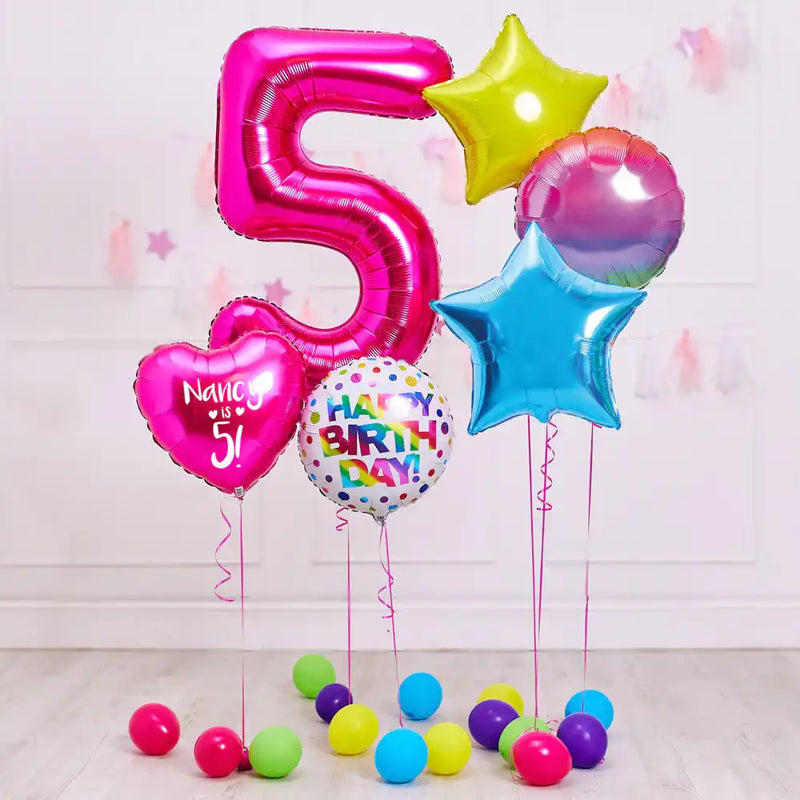 Deluxe Personalised Balloon Bunch - 5th Birthday Pink Personalised Balloons