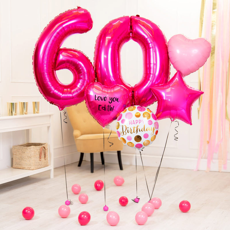 Deluxe Personalised Balloon Bunch - 60th Birthday Pink