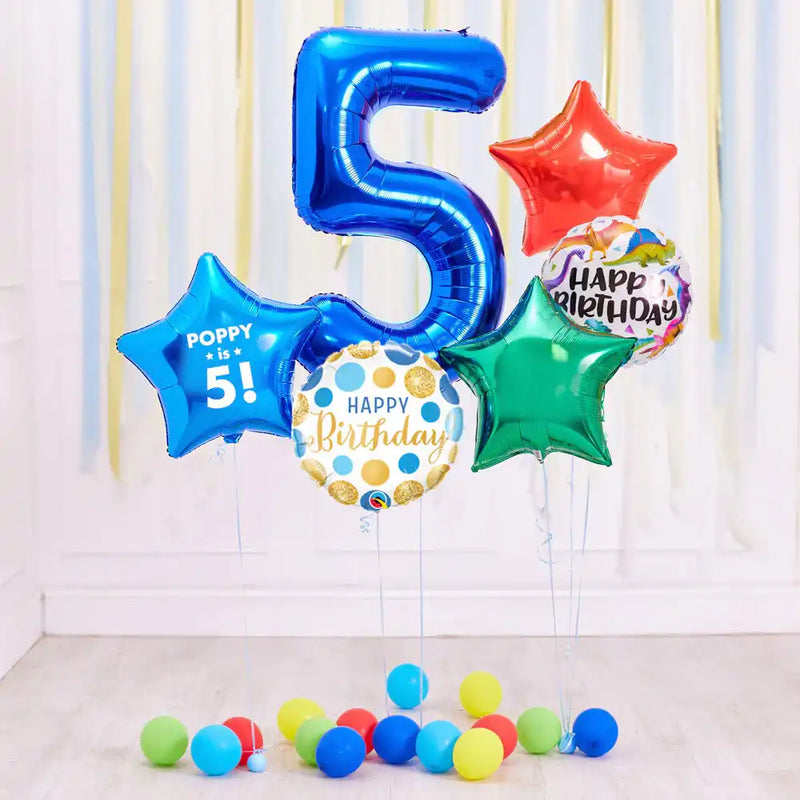 Deluxe Personalised Balloon Bunch - 5th Birthday Blue Personalised Balloons