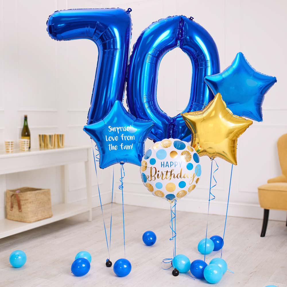 Deluxe Personalised Balloon Bunch - 70th Birthday Blue Personalised Balloons