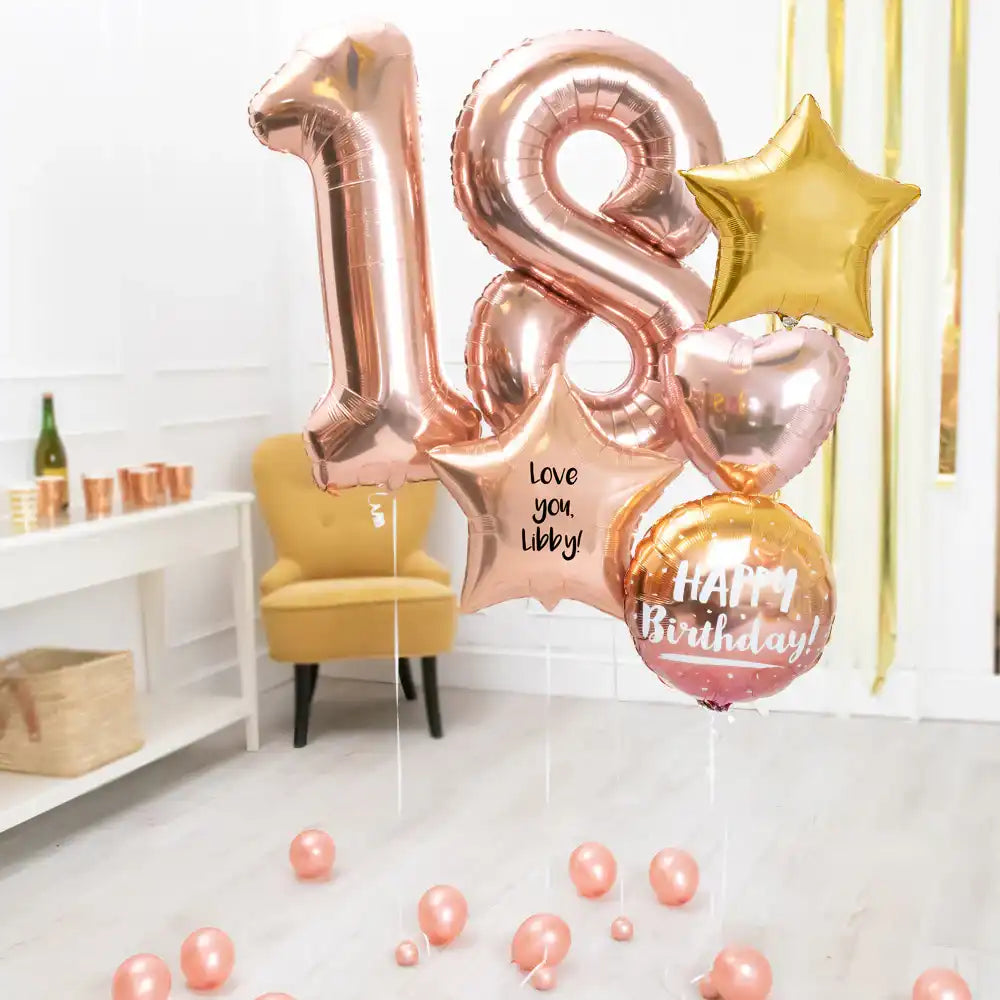Deluxe Personalised Balloon Bunch - 18th Birthday Rose Gold Personalised Balloons
