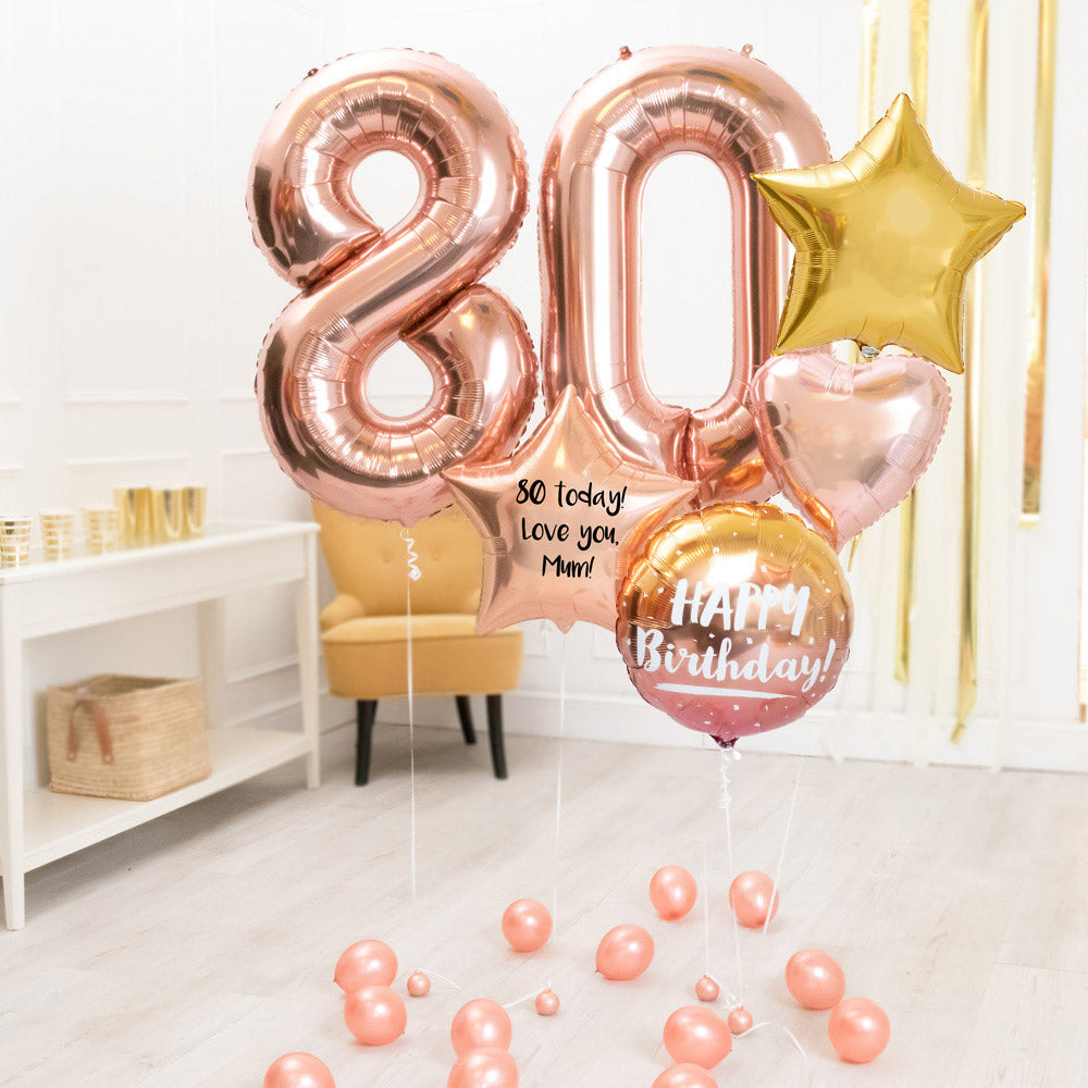 Deluxe Personalised Balloon Bunch - 80th Birthday Rose Gold Personalised Balloons