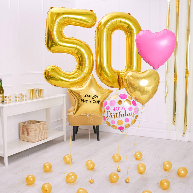 Deluxe Personalised Balloon Bunch - 50th Birthday Gold & Pink