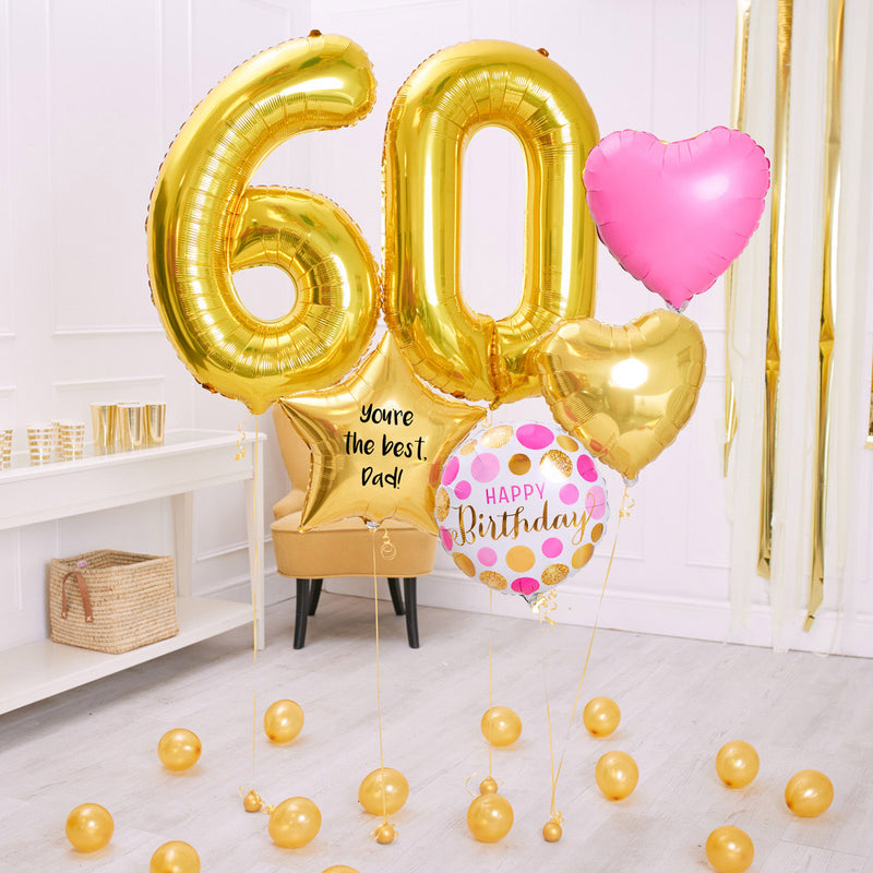 Deluxe Personalised Balloon Bunch - 60th Birthday Gold & Pink