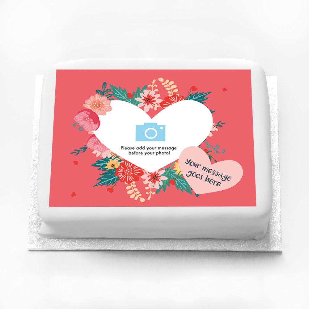Personalised Photo Cake - Floral Heart Photo & Message Large Personalised Cake