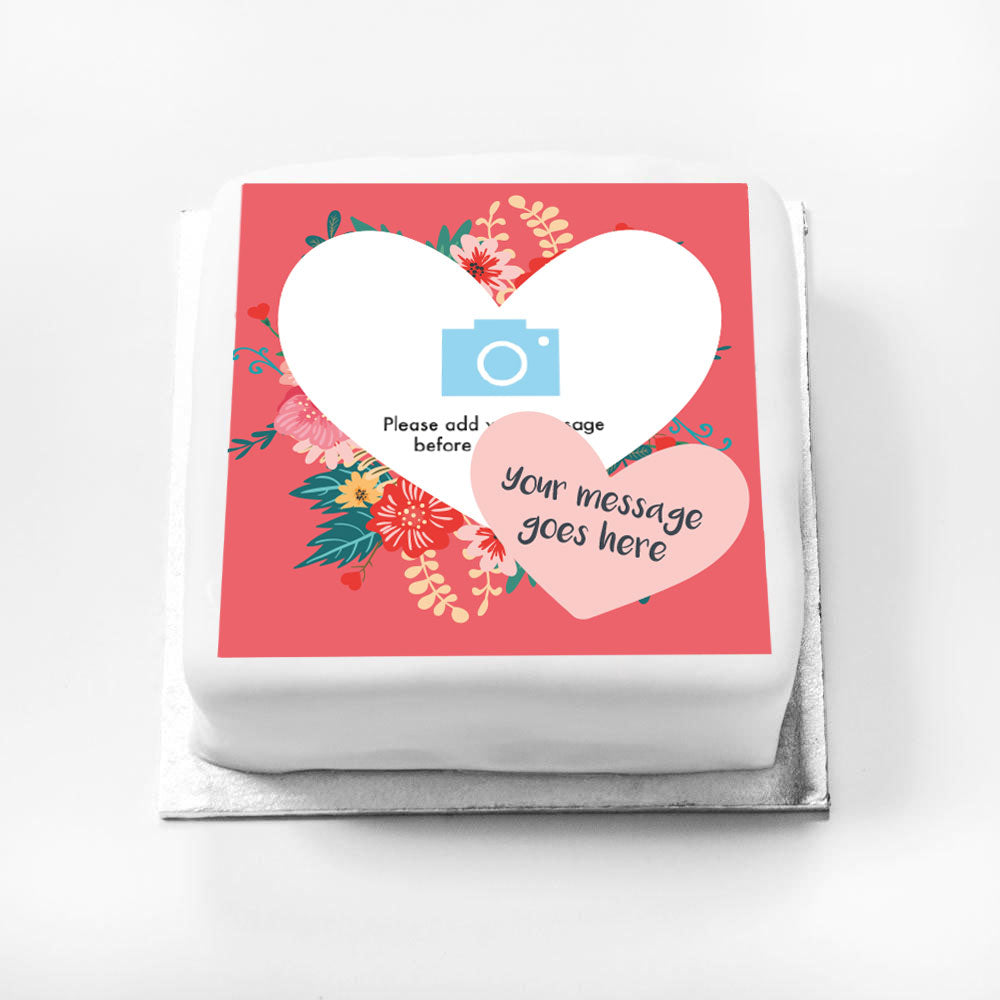 Personalised Photo Cake - Floral Heart Photo & Message Small Personalised Cake