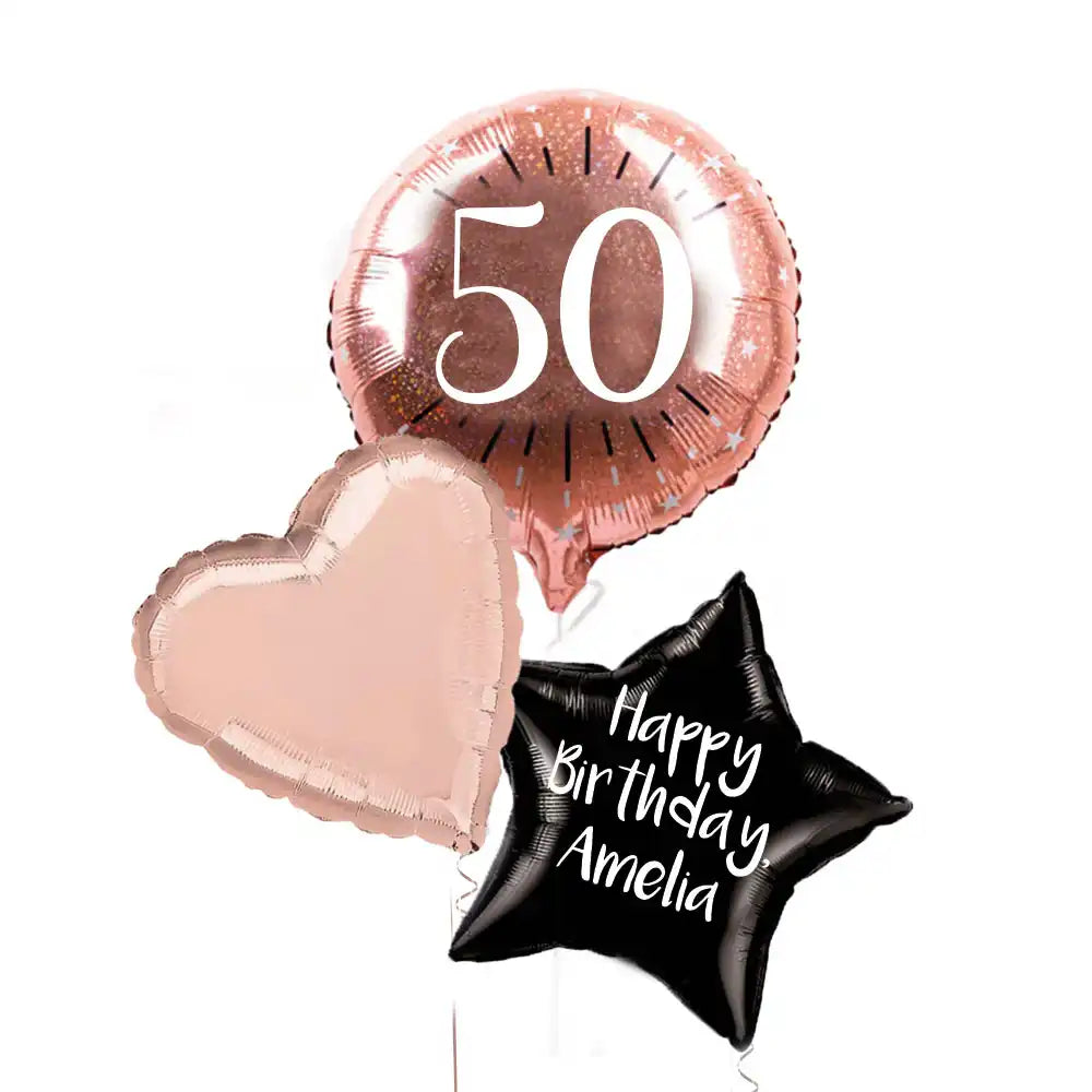 Personalised Inflated Balloon Bunch - Rose Gold 50th Birthday Personalised Balloons