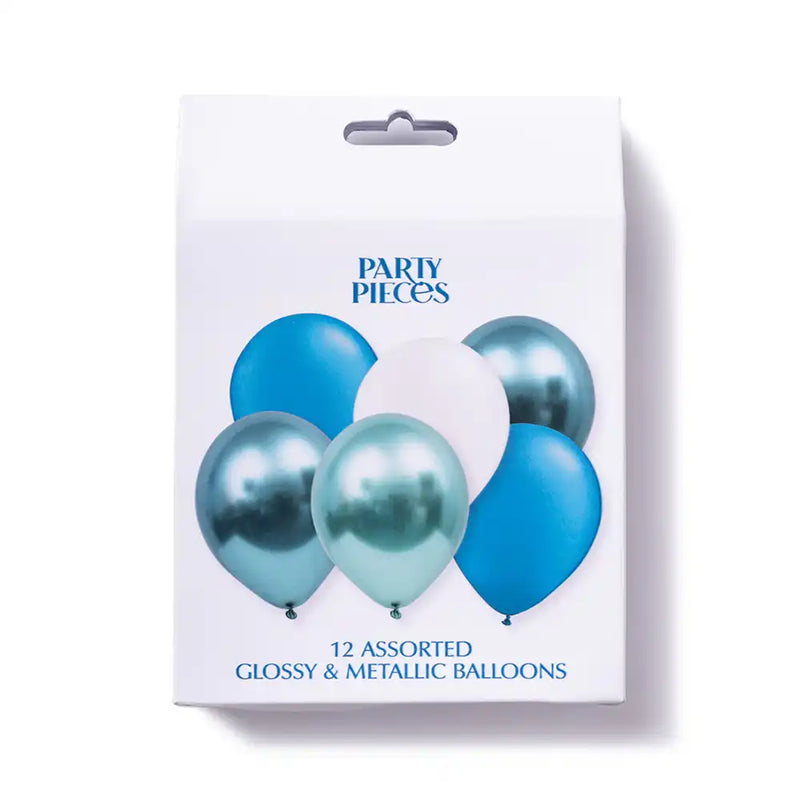 Assorted Metallic Blue & White Latex Balloons (x12) Own Brand