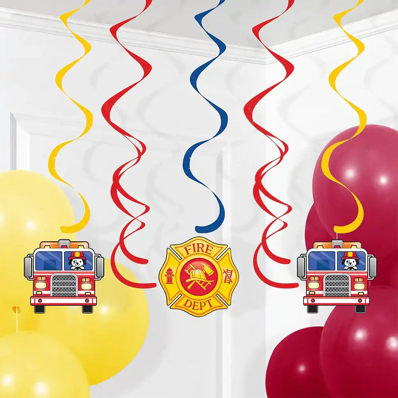 Flaming Fire Truck - Hanging Swirl Decorations (x6) Kids Party