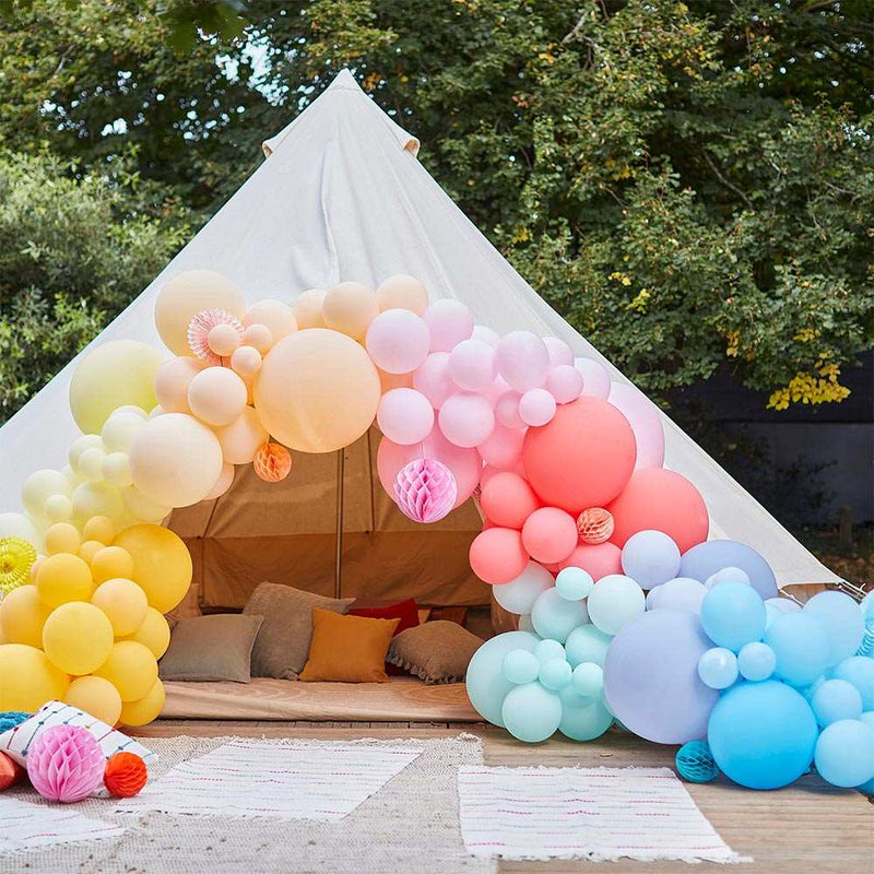 Bright Balloon Arch with Paper Honeycombs General Party