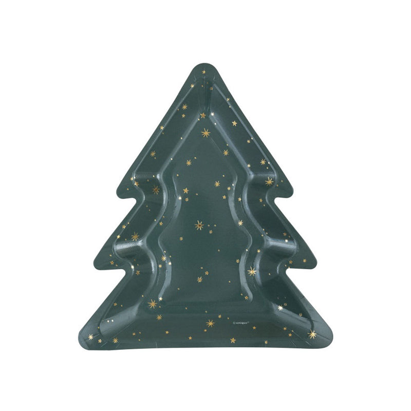 Dark Green Gold Foiled Christmas Tree Shaped Plates (x8) Christmas