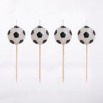 4 football-shaped party cake candles with wooden picks