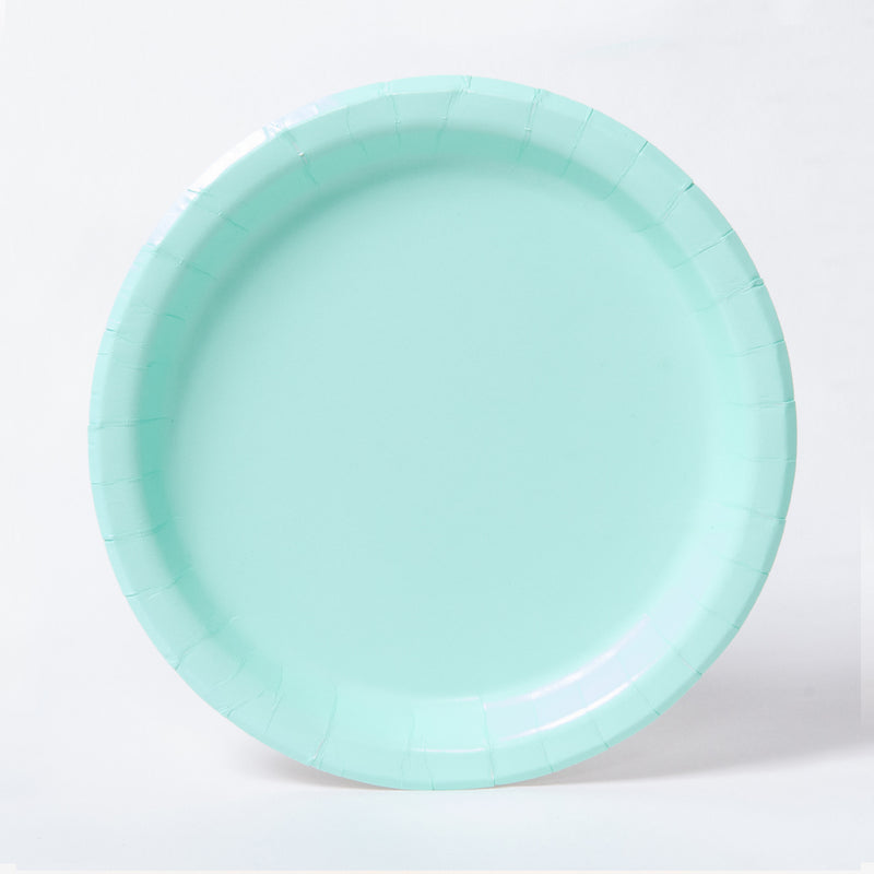 A round paper party plate in a mint green colour