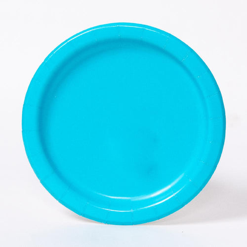 A round paper party plate in a turquoise colour
