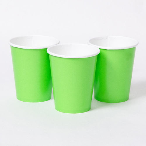 3 bright green party cups with white rims