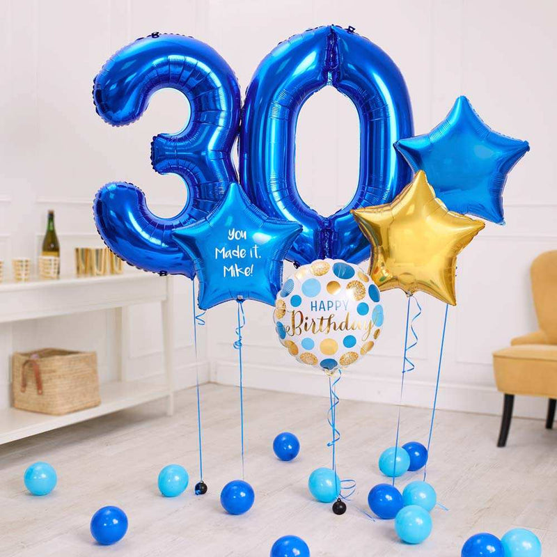 Deluxe Personalised Balloon Bunch - 30th Birthday Blue Personalised Balloons