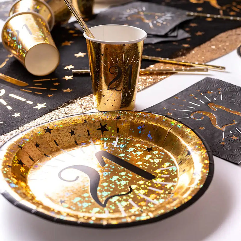 21st Birthday Black & Gold Sparkle Plates (x10) Milestone