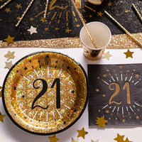21st Birthday Black & Gold Sparkle Plates (x10) Milestone