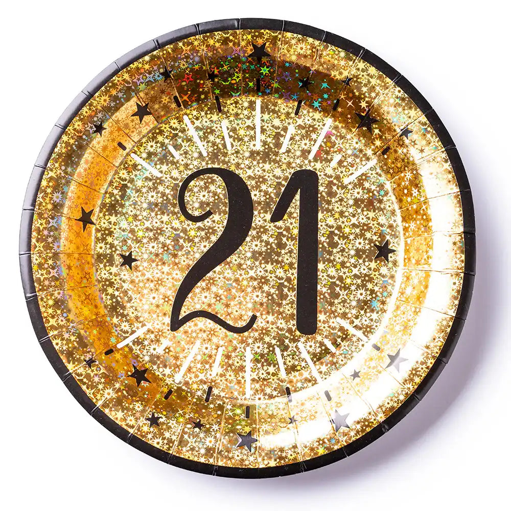 21st Birthday Black & Gold Sparkle Plates (x10) Milestone