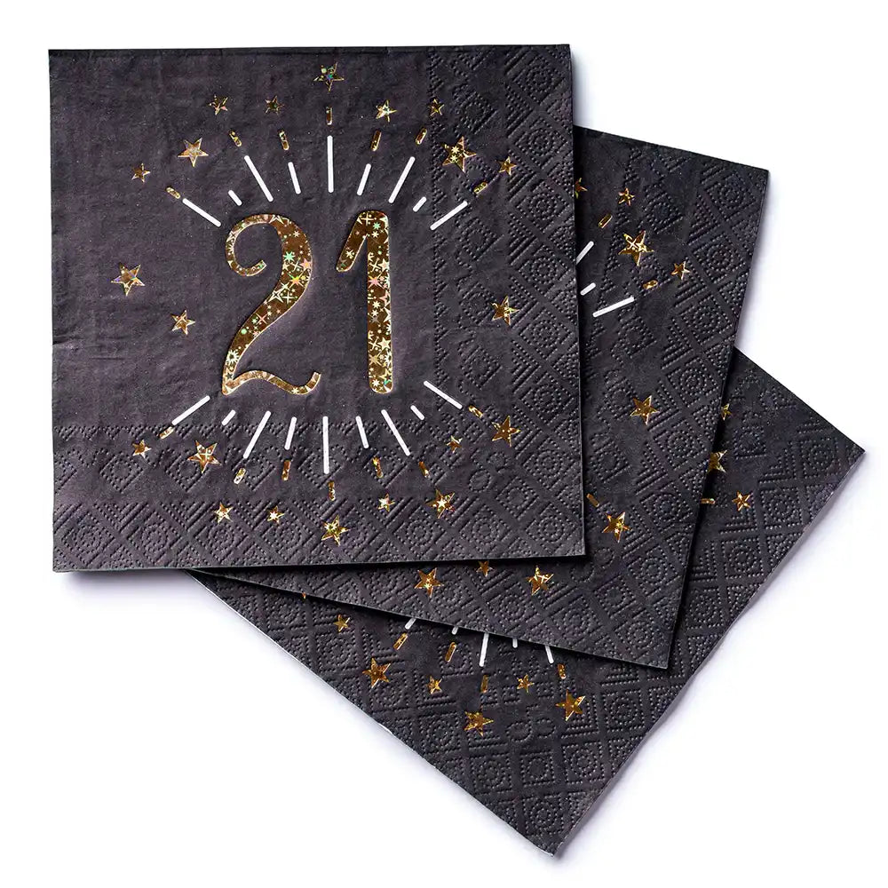 21st Birthday Black & Gold Sparkle Napkins (x10) Milestone