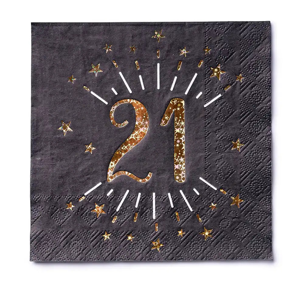 21st Birthday Black & Gold Sparkle Napkins (x10) Milestone