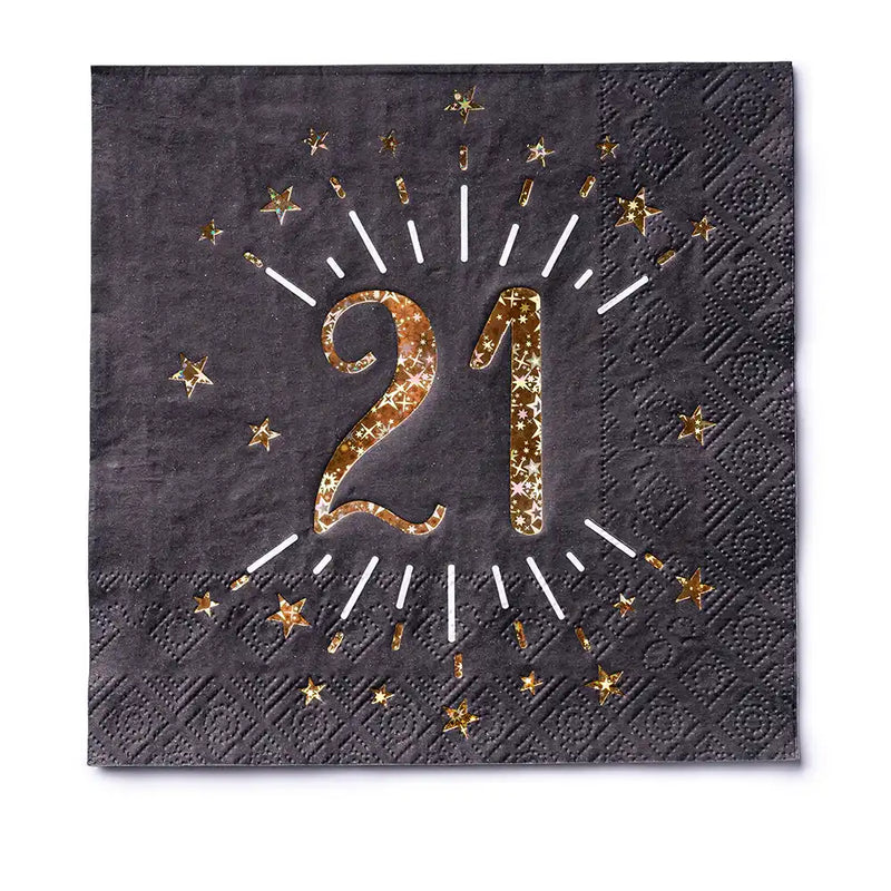 21st Birthday Black & Gold Sparkle Napkins (x10) Milestone