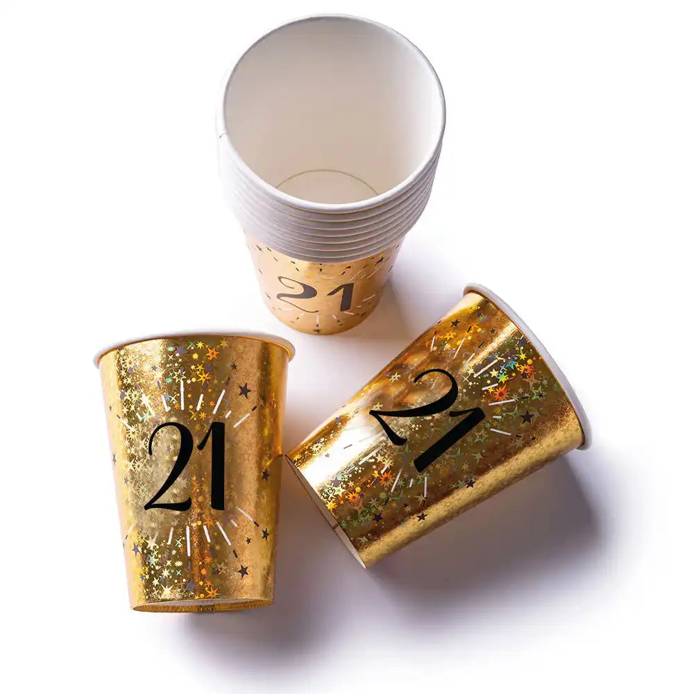 21st Birthday Black & Gold Sparkle Cups (x10) Milestone