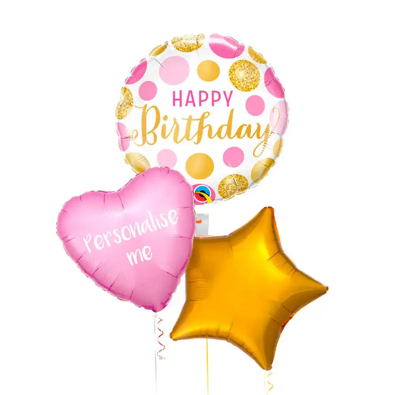 Personalised Inflated Balloon Bunch - Pink & Gold Dots Personalised Balloons