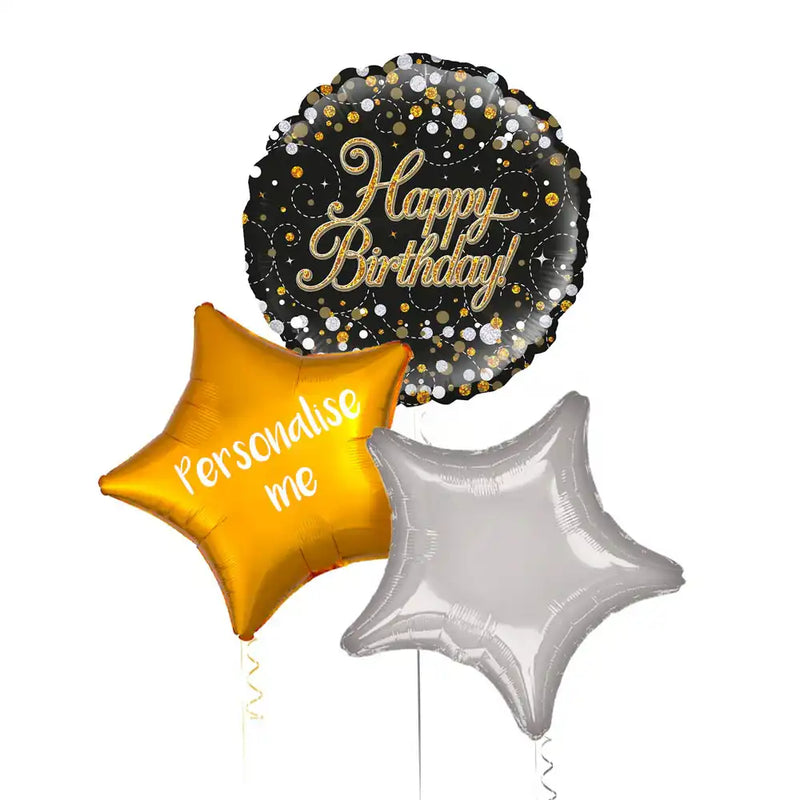 Personalised Inflated Balloon Bunch - Sparkle Fizz Black & Gold Personalised Balloons