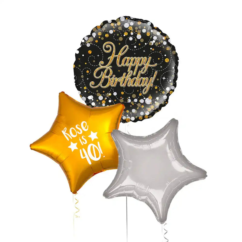 Personalised Inflated Balloon Bunch - Sparkle Fizz Black & Gold Personalised Balloons